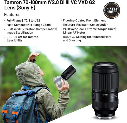 عدسة Tamron 70-180 مم f/2.8 Di III VC VXD G2 (Sony E) مع التركيز التلقائي السريع وتثبيت VC، وبطاقة Extreme PRO SDXC سعة 64 جيجابايت مع سرعة قراءة 200 ميجابايت/ثانية، وفلتر Tiffen 67 مم للأشعة فوق البنفسجية ومجموعة حقيبة ظهر للكاميرا in Kuwait
