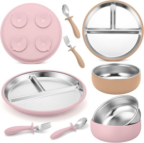 Honeydak 2 Pack Stainless Steel Baby Plates and Bowls with Suction & 2 Pack Spoons and Forks Set, Toddler Utensils Baby Feeding Set, Divided Plates for Kids Led Weaning Supplies (Blue,Green) in Saudi Arabia