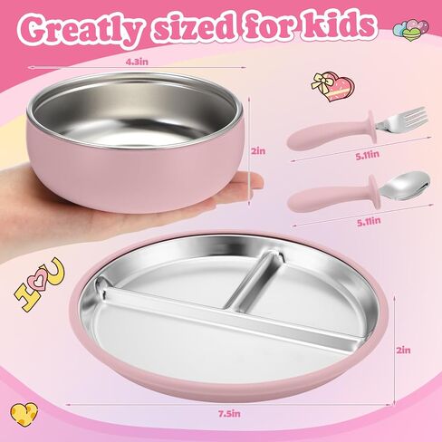 Honeydak 2 Pack Stainless Steel Baby Plates and Bowls with Suction & 2 Pack Spoons and Forks Set, Toddler Utensils Baby Feeding Set, Divided Plates for Kids Led Weaning Supplies (Blue,Green) in Saudi Arabia