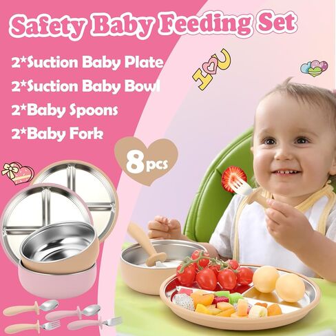 Honeydak 2 Pack Stainless Steel Baby Plates and Bowls with Suction & 2 Pack Spoons and Forks Set, Toddler Utensils Baby Feeding Set, Divided Plates for Kids Led Weaning Supplies (Blue,Green) in Saudi Arabia