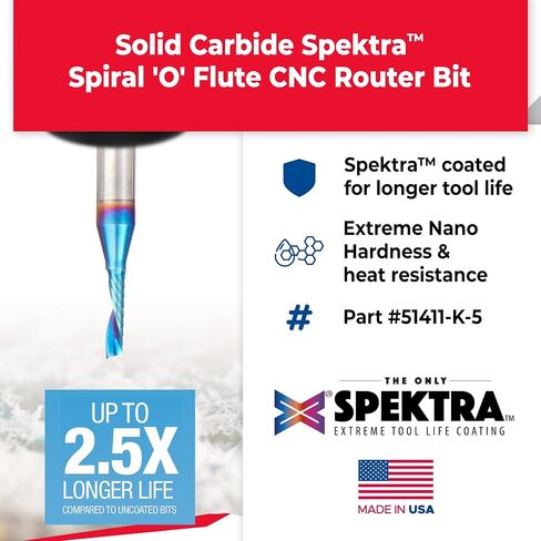أداة Amana 51411-K-5 5 قطع CNC Spektra مطلية بـ SC لولبية O قطع بلاستيكية مفردة 1/8 D x 1/2 CH x 1/4 SHK x 2 بوصة طويلة لقم التوجيه مع لمسة نهائية مرآة in Saudi Arabia