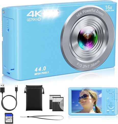 Digital Camera, 2026 Upgraded FHD 4K Small Digital Cameras with 64GB SD Card 2 Batteries, Compact Digital Camera with 16X Digital Zoom, Autofocus Travel Cameras for Vlogging for Teens Kids Boys Girls in Kuwait
