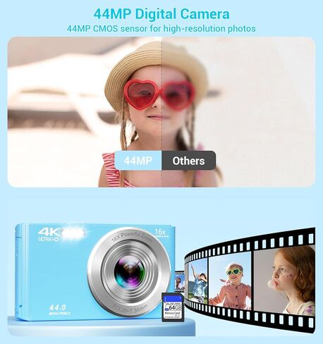 Digital Camera, 2026 Upgraded FHD 4K Small Digital Cameras with 64GB SD Card 2 Batteries, Compact Digital Camera with 16X Digital Zoom, Autofocus Travel Cameras for Vlogging for Teens Kids Boys Girls in Kuwait