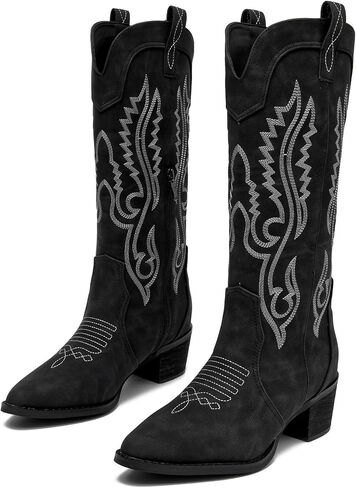 DADAWEN Cowboy Boots For Women Western Mid Calf Cowgirl Boots Embroidery Square Toe Boot With Chunky Heel in Saudi Arabia