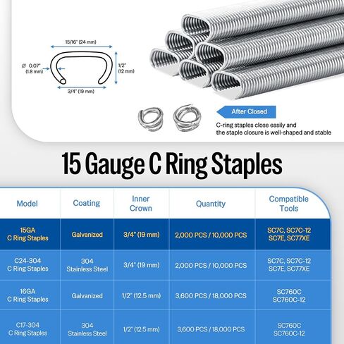 meite 15 Gauge 3/4" Hog Rings, Galvanized Hog Ring Staples for SC7C, SC7C-I2 Hog Ring Stapler, C Ring Staples for Mattress Springs, Seat Assembly, Wire Cages (10,000 Counts) in Kuwait