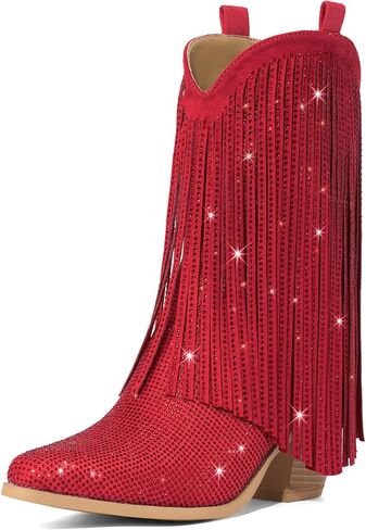 Rollda Rhinestone Cowboy Boots for Women, Fringe Cowgirl Boots with Pointed Toe, Sparkly Womens Western Boots Chunky Heel Pull-On in Kuwait