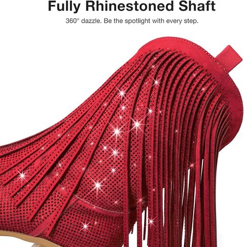 Rollda Rhinestone Cowboy Boots for Women, Fringe Cowgirl Boots with Pointed Toe, Sparkly Womens Western Boots Chunky Heel Pull-On in Kuwait
