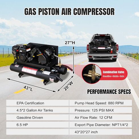 6.5HP Gas Powered Air Compressor 12CFM Portable Gasoline Driven Piston Pump Air Compressed System with 125PSI Max. Pressure and 9 Gal Air Tank for Workshop, Construction Sites, Machinery in Kuwait