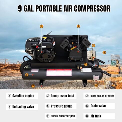 6.5HP Gas Powered Air Compressor 12CFM Portable Gasoline Driven Piston Pump Air Compressed System with 125PSI Max. Pressure and 9 Gal Air Tank for Workshop, Construction Sites, Machinery in Kuwait