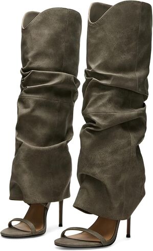 Yishaweiqi Slouched Ruched Knee High Heels for Women Pull On Wide Calf Sandals Round Open Toe Stiletto Heels in Saudi Arabia