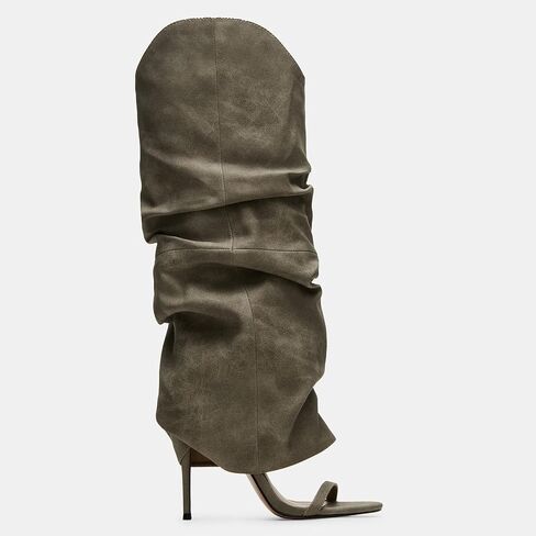 Yishaweiqi Slouched Ruched Knee High Heels for Women Pull On Wide Calf Sandals Round Open Toe Stiletto Heels in Saudi Arabia