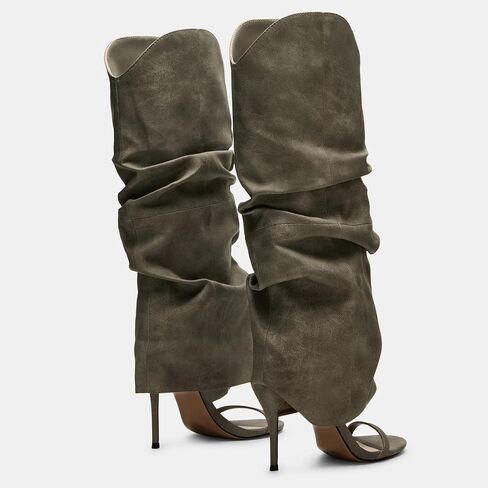 Yishaweiqi Slouched Ruched Knee High Heels for Women Pull On Wide Calf Sandals Round Open Toe Stiletto Heels in Saudi Arabia