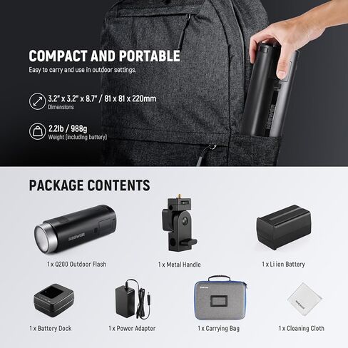 NEEWER Q200 Monolight 200Ws 2.4G TTL 1/8000 HSS App التحكم في الاستوديو الخارجي مع قطعة قماش للتنظيف بطارية 3200 مللي أمبير في الساعة التصوير Speedlite 10W ضوء النمذجة 0.01-1.5 ثانية إعادة التدوير 750 فلاش كامل الطاقة in Kuwait