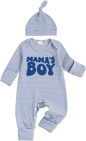Newborn Baby Boys Romper Mamas Boy Coming Home Outfit Waffle Stripe Fall Winter Clothes Jumpsuits With Cute Hat in Kuwait