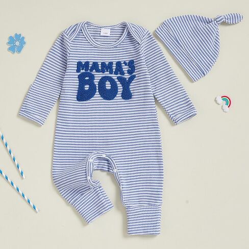 Newborn Baby Boys Romper Mamas Boy Coming Home Outfit Waffle Stripe Fall Winter Clothes Jumpsuits With Cute Hat in Kuwait