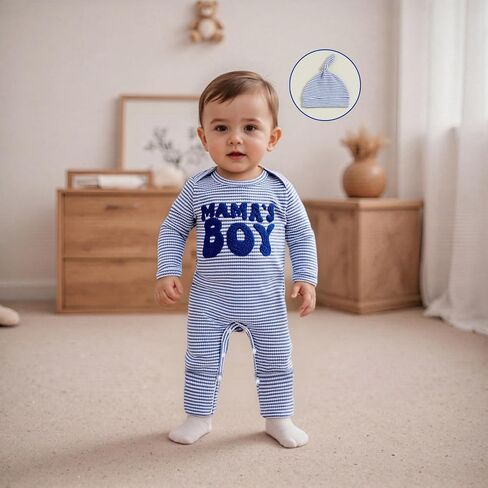 Newborn Baby Boys Romper Mamas Boy Coming Home Outfit Waffle Stripe Fall Winter Clothes Jumpsuits With Cute Hat in Kuwait