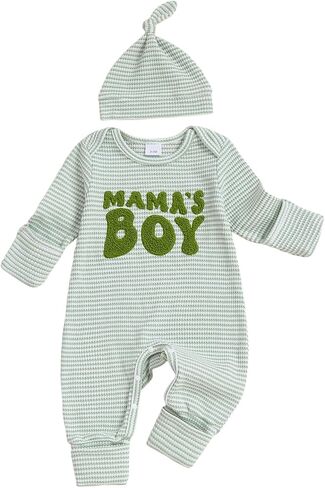 Newborn Baby Boys Romper Mamas Boy Coming Home Outfit Waffle Stripe Fall Winter Clothes Jumpsuits With Cute Hat in Kuwait