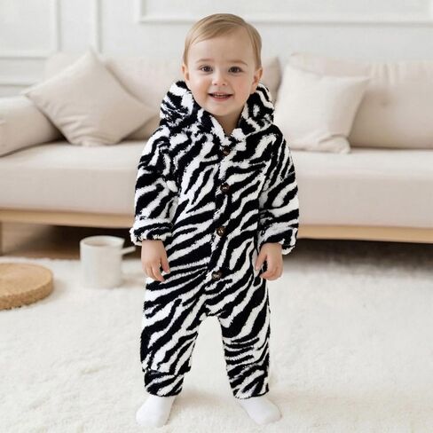 Newborn Boys Girls Fleece Western Jumpsuit Long Sleeve Button Zebra Cow Print Hooded Romper Infant Baby Winter Clothes in Saudi Arabia