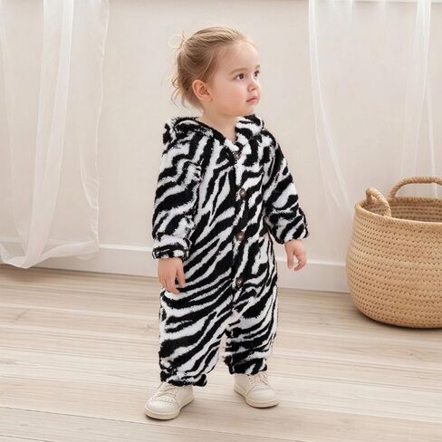 Newborn Boys Girls Fleece Western Jumpsuit Long Sleeve Button Zebra Cow Print Hooded Romper Infant Baby Winter Clothes in Saudi Arabia