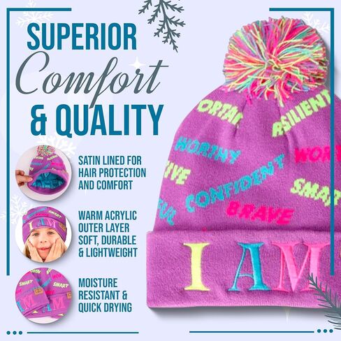 Motivational Satin Lined Beanie for Baby, Toddler, Kids, Girls, and Boys. Warm Kids Outdoor Winter Hat, Pom Pom Beanies in Saudi Arabia