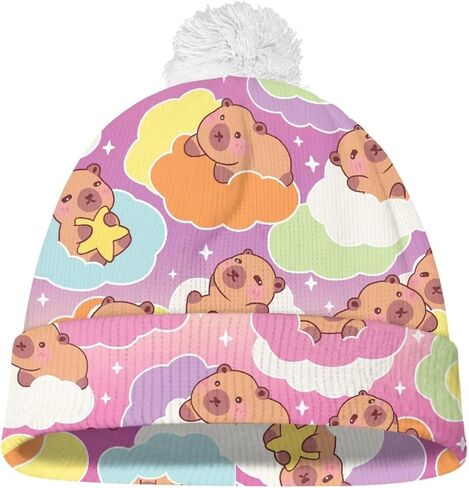 Kids Winter Beanie Hat with White Pompom, Fall Winter Casual Knit Warm Soft Cuffed Beanies for Boys Girls in Kuwait