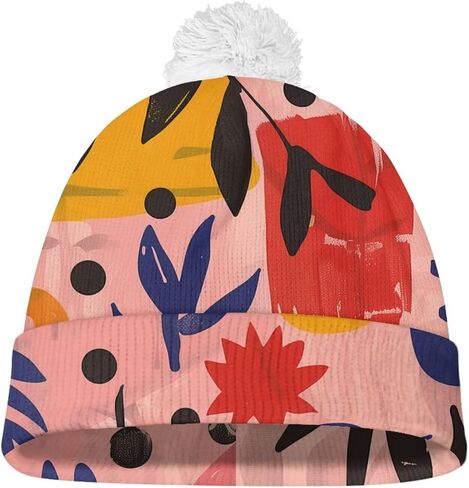 Kids Winter Beanie Hat with White Pompom, Fall Winter Casual Knit Warm Soft Cuffed Beanies for Boys Girls in Kuwait