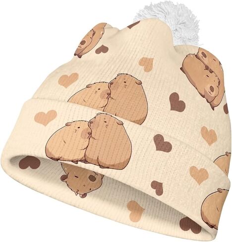 Kids Winter Beanie Hat with White Pompom, Fall Winter Casual Knit Warm Soft Cuffed Beanies for Boys Girls in Kuwait