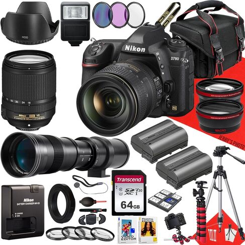 كاميرا Nikon D780 DSLR مع عدسة AF-S DX 18-140 مم f/3.5-5.6G ED VR وعدسة 420-800 مم + ذاكرة 64 جيجابايت + بطارية إضافية + فلاش تابع + مرشحات + حامل ثلاثي القوائم + المزيد (حزمة 32 قطعة) (متجددة) in Saudi Arabia