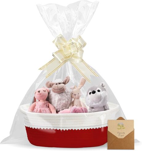 Gift Basket Empty with Wrap Bag & Ribbon & Card, Empty Small Woven Storage Basket (12"x8"x5"), Cute Decorative Gift Baskets Storage for Wedding Christmas Baby Showers Easter (White-Light Brown) in Saudi Arabia