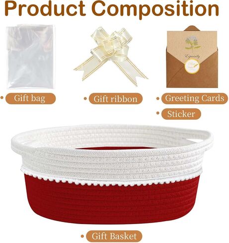 Gift Basket Empty with Wrap Bag & Ribbon & Card, Empty Small Woven Storage Basket (12"x8"x5"), Cute Decorative Gift Baskets Storage for Wedding Christmas Baby Showers Easter (White-Light Brown) in Saudi Arabia