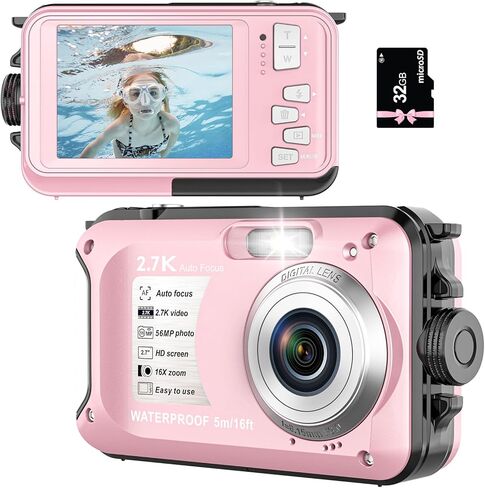 Underwater Camera with 32GB Card Waterproof Digital Camera for Kids 16FT 56MP FHD 1080P Compact Portable 16X Digital Zoom Waterproof Camera，Pink in Kuwait