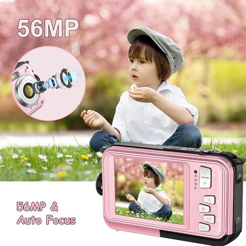 Underwater Camera with 32GB Card Waterproof Digital Camera for Kids 16FT 56MP FHD 1080P Compact Portable 16X Digital Zoom Waterproof Camera，Pink in Kuwait