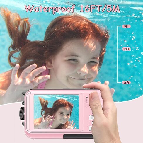 Underwater Camera with 32GB Card Waterproof Digital Camera for Kids 16FT 56MP FHD 1080P Compact Portable 16X Digital Zoom Waterproof Camera，Pink in Kuwait