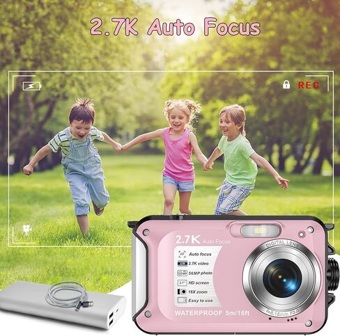 Underwater Camera with 32GB Card Waterproof Digital Camera for Kids 16FT 56MP FHD 1080P Compact Portable 16X Digital Zoom Waterproof Camera，Pink in Kuwait