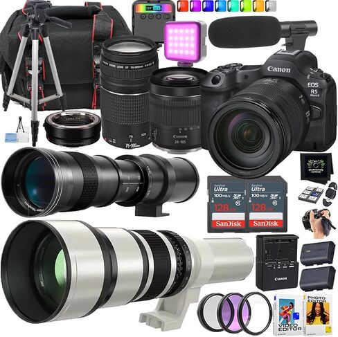 كاميرا Canon EOS R5 Mark II بدون مرآة + Canon RF 24-105mm STM وEF 75-300mm + عدسة 420-800mm و650-1300mm (حزمة من 25 قطعة) (متجددة) in Kuwait