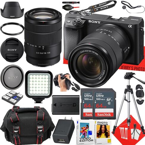 كاميرا Sony a6400 بدون مرآة مع عدسة Sony E مقاس 18-135 مم f/3.5-5.6 OSS + قطعتين ذاكرة 64 جيجابايت + ضوء LED + حقيبة كاميرا + حامل ثلاثي + المزيد (حزمة 27 قطعة) (متجددة) in Saudi Arabia