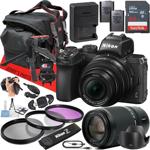 كاميرا Nikon Z50 بدون مرآة مع عدسة Z DX 16-50mm f/3.5-6.3 VR وZ DX 50-250mm f/4.5-6.3 VR + ذاكرة 64 جيجابايت + بطارية إضافية + مرشحات + المزيد (حزمة 24 قطعة) (متجددة) in Saudi Arabia