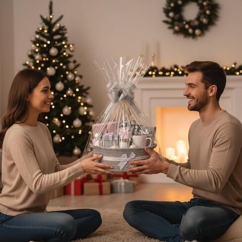 2 Pack Christmas Woven Gift Basket Empty with Ribbon Bow, 12''x 8''x 5'' Christmas Chest Box with Gift Bags Candy Baskets with Handle for Xmas Thanksgiving Wedding Home Decor(Red) in Saudi Arabia