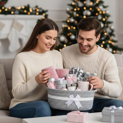 2 Pack Christmas Woven Gift Basket Empty with Ribbon Bow, 12''x 8''x 5'' Christmas Chest Box with Gift Bags Candy Baskets with Handle for Xmas Thanksgiving Wedding Home Decor(Red) in Saudi Arabia