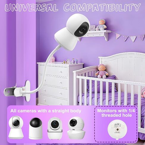 حامل شاشة الطفل 2025 - حامل مرن عالمي قابل للتعديل لشاشة Hello Baby، Nanit Pro، بصريات الرضع، VTech ومعظم شاشات الأطفال - حامل بمشبك كاميرا بذراع قابل للفصل مع ملصقات لطيفة لسرير الأطفال in Kuwait