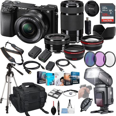Sony a6100 Mirrorless Camera with 16-50mm and 55-210mm Lens Bundle - ILCE6100Y/B + Prime Accessory Package Including 128GB Memory, TTL Flash, Battery, Software Package & More in Saudi Arabia
