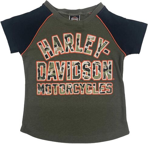 تي شيرت Harley-Davidson Little Girls Camo H-D Raglan بأكمام قصيرة للأطفال الصغار، أخضر in Kuwait
