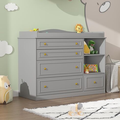 Grey Changing Table Dresser, Baby Nursery Dresser, Baby Diaper Changing Table, 5 Drawers, Adjustable Shelves, Metal Handle, Curved Wrapping Design, Grey in Saudi Arabia