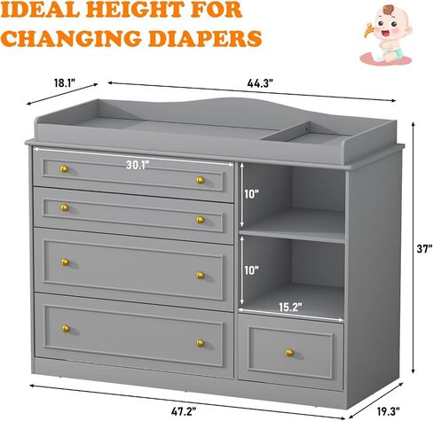 Grey Changing Table Dresser, Baby Nursery Dresser, Baby Diaper Changing Table, 5 Drawers, Adjustable Shelves, Metal Handle, Curved Wrapping Design, Grey in Saudi Arabia