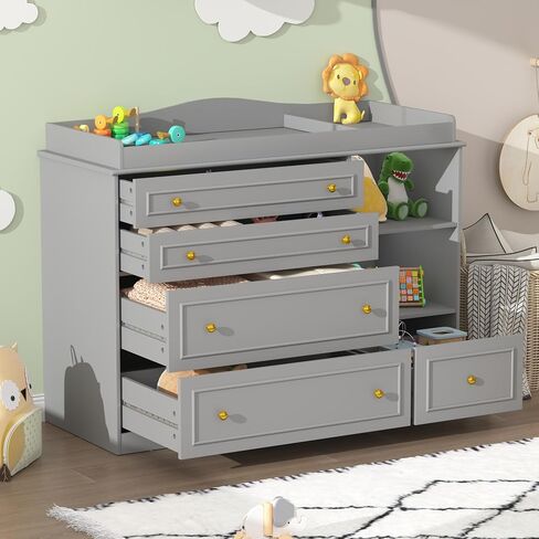 Grey Changing Table Dresser, Baby Nursery Dresser, Baby Diaper Changing Table, 5 Drawers, Adjustable Shelves, Metal Handle, Curved Wrapping Design, Grey in Saudi Arabia