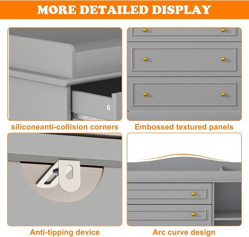 Grey Changing Table Dresser, Baby Nursery Dresser, Baby Diaper Changing Table, 5 Drawers, Adjustable Shelves, Metal Handle, Curved Wrapping Design, Grey in Saudi Arabia