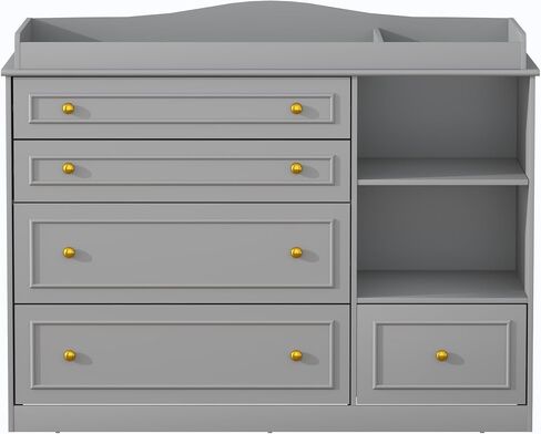 Grey Changing Table Dresser, Baby Nursery Dresser, Baby Diaper Changing Table, 5 Drawers, Adjustable Shelves, Metal Handle, Curved Wrapping Design, Grey in Saudi Arabia