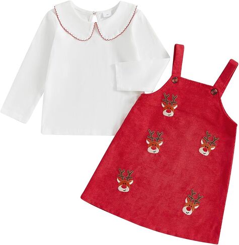 Toddler Girl Christmas Outfit Ruffle Sleeve T-shirt Top Santa Strap Overall Dress 2Pcs Baby Girl Fall Winter Clothes in Kuwait