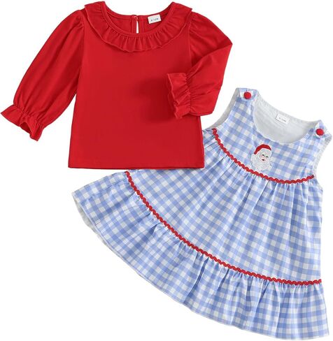 Toddler Girl Christmas Outfit Ruffle Sleeve T-shirt Top Santa Strap Overall Dress 2Pcs Baby Girl Fall Winter Clothes in Kuwait