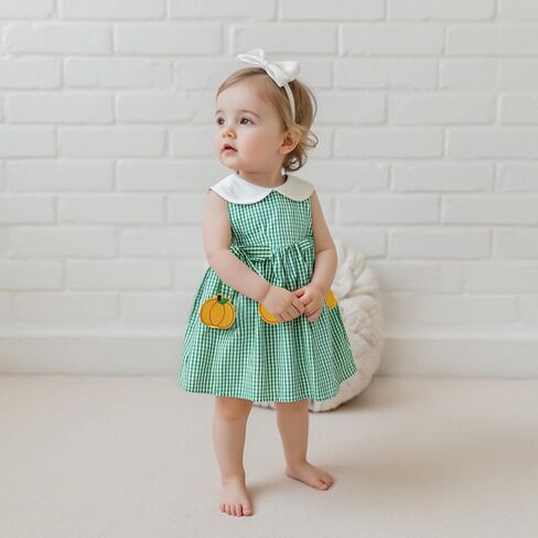 Toddler Baby Girl Outfit Halloween Pumpkin Bow A Line Dress Peter Pan Collar Plaid Clothes in Saudi Arabia
